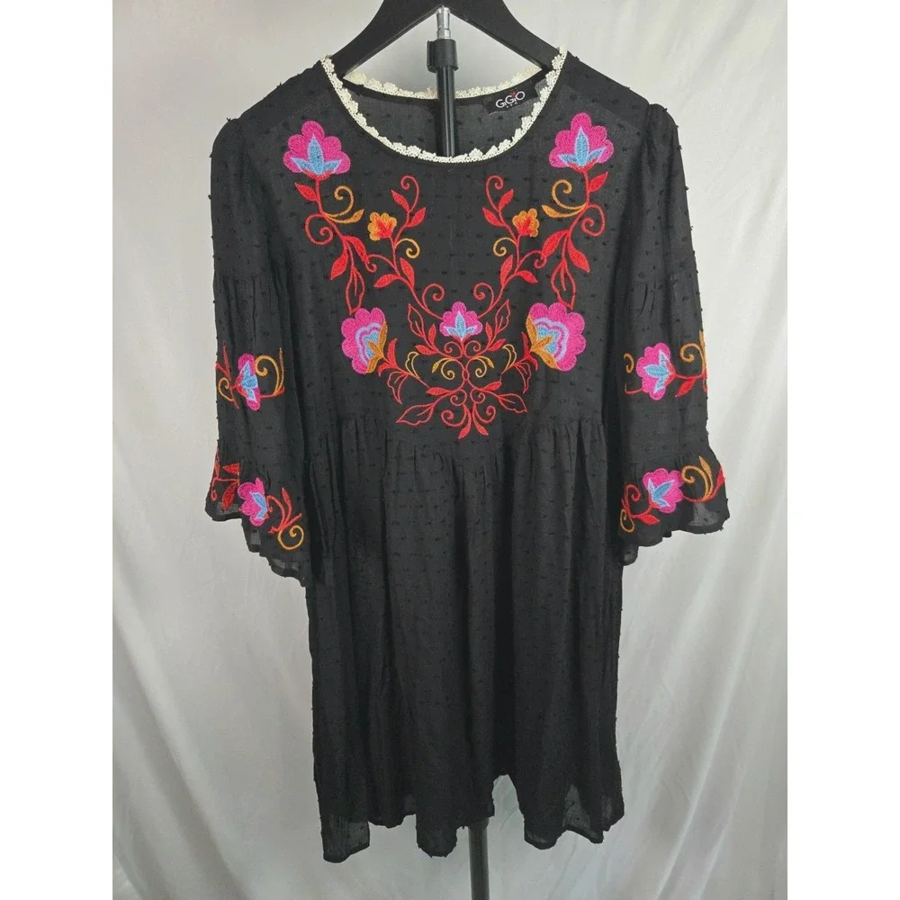 Black Floral Embroidered Babydoll Dress Bell Sz L Basque Waist Bell Sleeve Boho